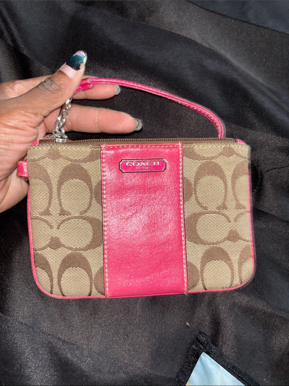 Coach Brown Signature Canvas Wristlet with Pink Leather Trim